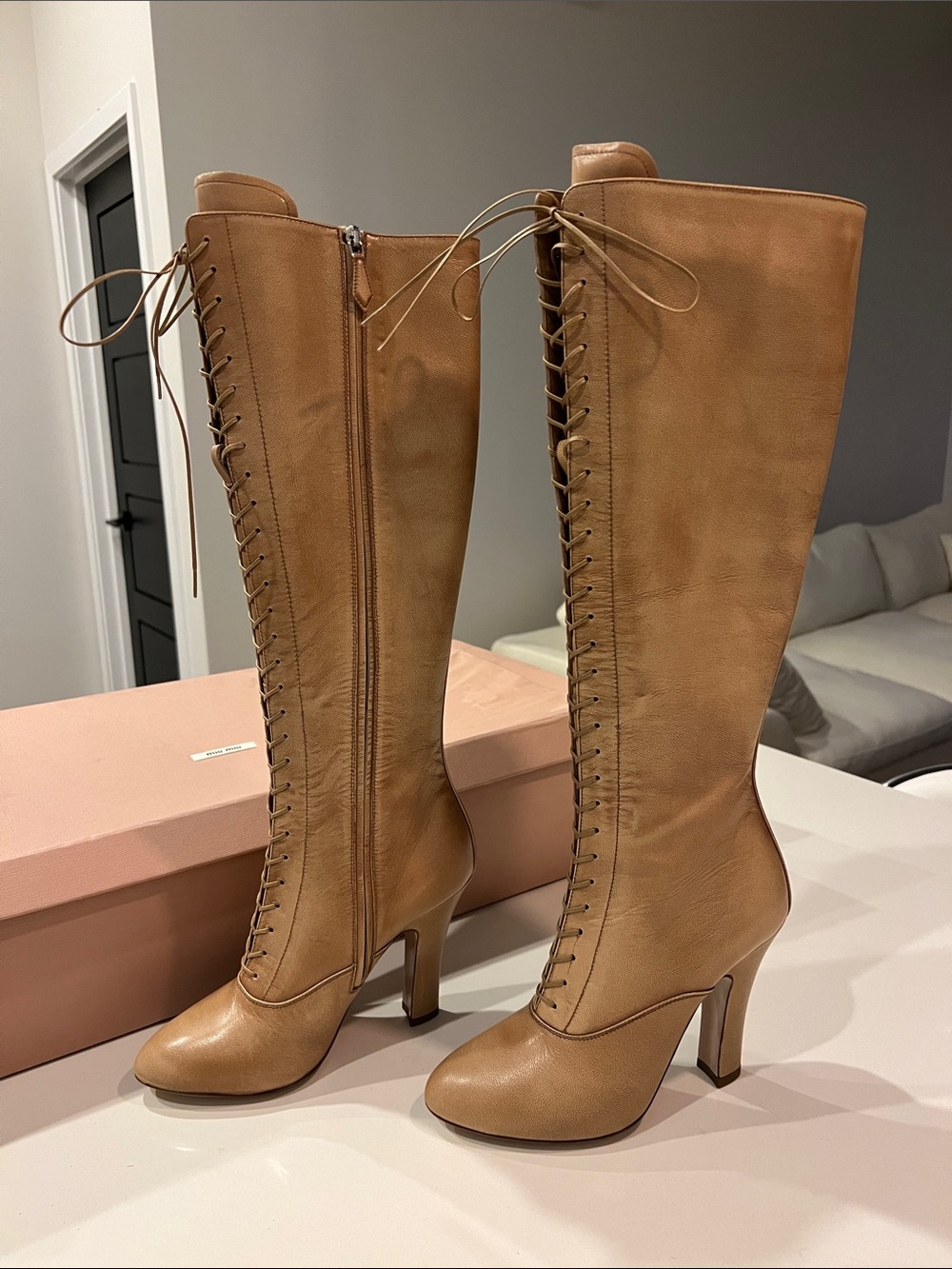 MIU MIU lace-up knee-high champagne beige tan leather boots almond toe 37.5